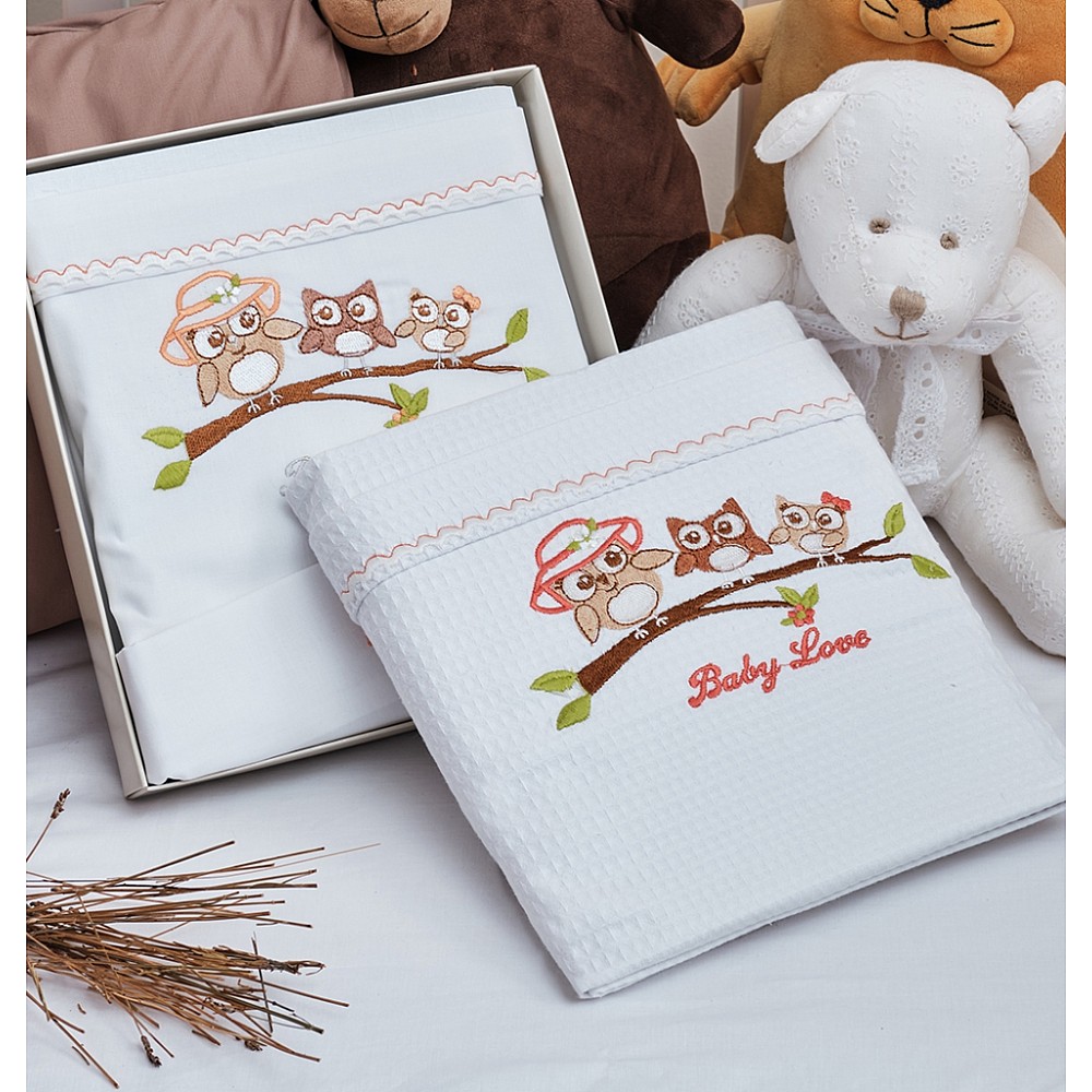 Κουβέρτα Πικέ Λευκή με κέντημα Owl Apricot Κουβέρτα Πικέ Λευκή με κέντημα Owl Apricot