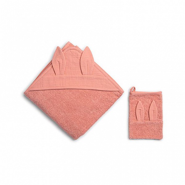 Μπουρνούζι - κάπα & γάντι μπάνιου FUNNA BABY Coral Pink 90x90