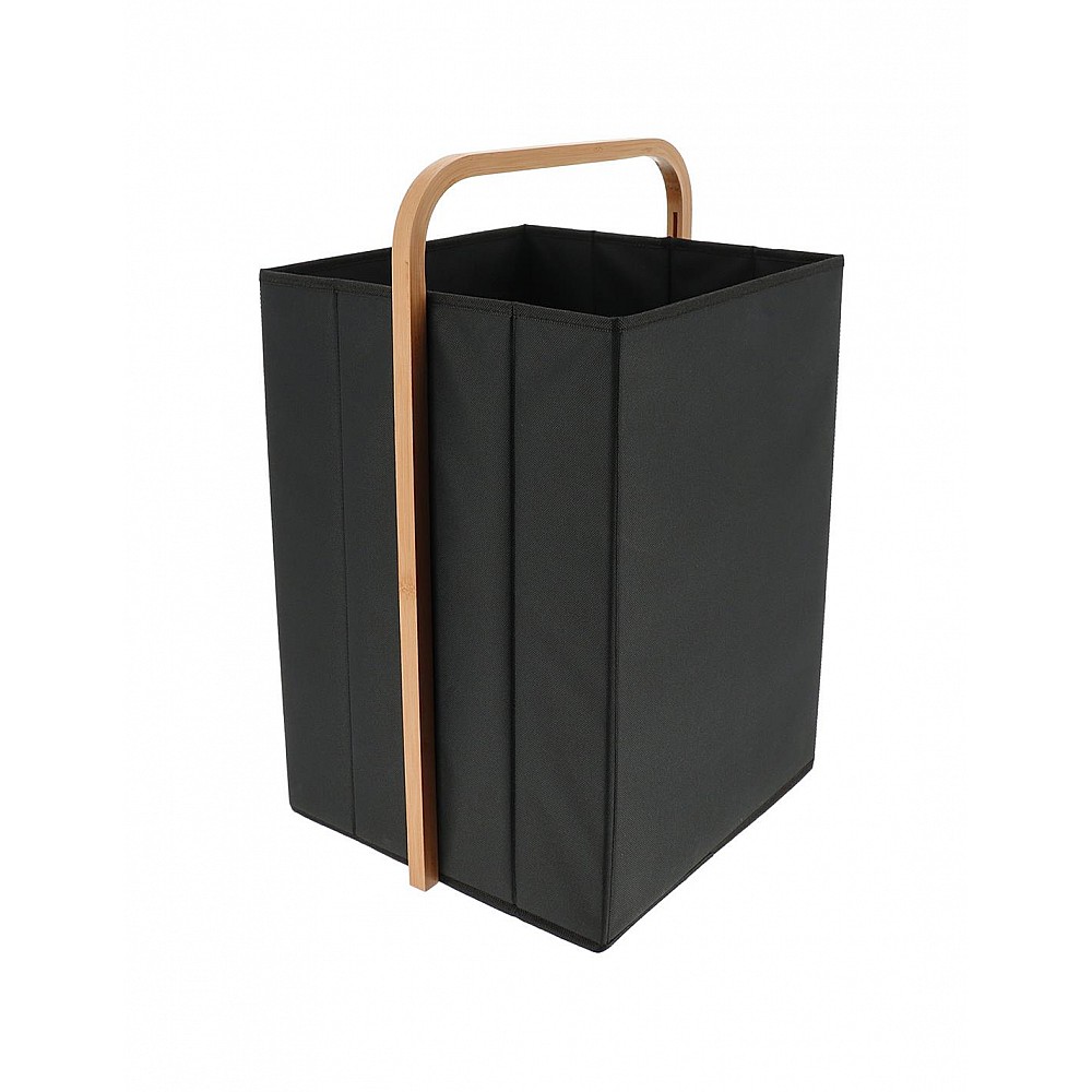 Καλάθι απλύτων polyester μαύρο με bamboo χέρι 35,5x33x55