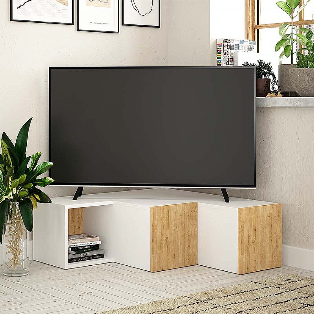 Έπιπλο τηλεόρασης γωνιακό Compact Megapap χρώμα λευκό - φυσικό οξιάς 94,2x90,6x31,4εκ. Έπιπλο τηλεόρασης γωνιακό Compact Megapap χρώμα λευκό - φυσικό οξιάς 94,2x90,6x31,4εκ.