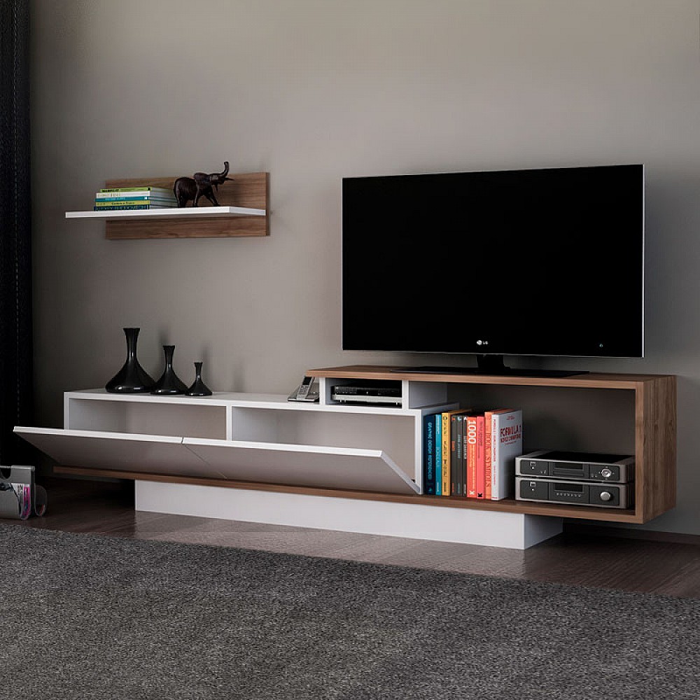 Έπιπλο τηλεόρασης Novara Megapap χρώμα λευκό - καρυδί 180x29,6x45εκ. Έπιπλο τηλεόρασης Novara Megapap χρώμα λευκό - καρυδί 180x29,6x45εκ.