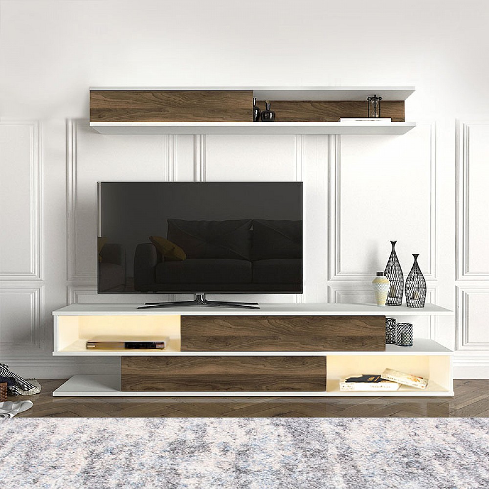 Σύνθεση τηλεόρασης Manet Megapap από μελαμίνη με LED χρώμα λευκό - καρυδί 180x29,5x39εκ.