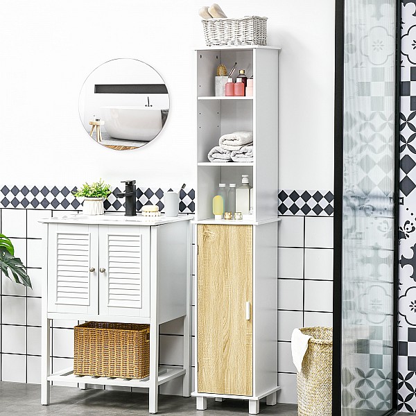 Στήλη μπάνιου εξοικονόμησης χώρου Kleankin με 3 ανοιχτά διαμερίσματα και ξύλινο ντουλάπι, 33,5x29x169 cm, λευκό και ανοιχτό καφέ