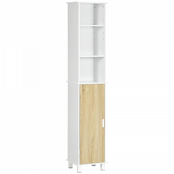 Στήλη μπάνιου εξοικονόμησης χώρου Kleankin με 3 ανοιχτά διαμερίσματα και ξύλινο ντουλάπι, 33,5x29x169 cm, λευκό και ανοιχτό καφέ