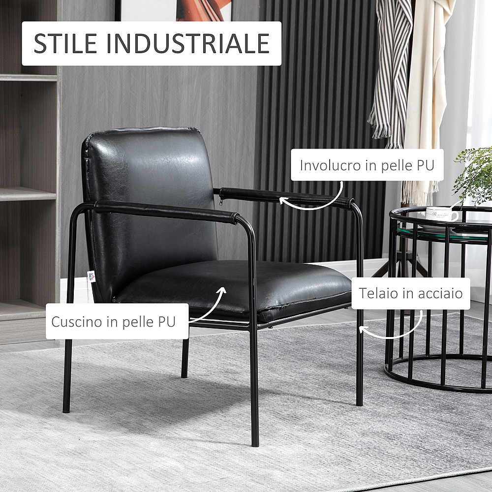Πολυθρόνα κρεβατοκάμαρας με ταπετσαρία HOMCOM Industrial Style, PU Δερματίνη και Ατσάλι, 60x59x78cm, Μαύρο Πολυθρόνα κρεβατοκάμαρας με ταπετσαρία HOMCOM Industrial Style, PU Δερματίνη και Ατσάλι, 60x59x78cm, Μαύρο