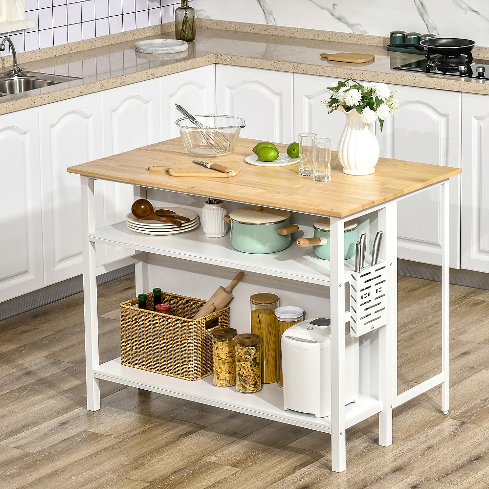 HOMCOM Kitchen Island με πτυσσόμενο πάγκο και 2 ράφια από ξύλο και ατσάλι, 120x76x91,5 cm, Λευκό