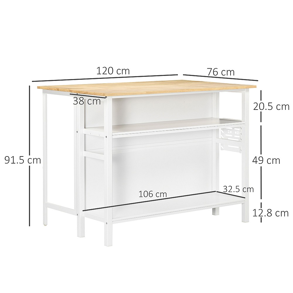 HOMCOM Kitchen Island με πτυσσόμενο πάγκο και 2 ράφια από ξύλο και ατσάλι, 120x76x91,5 cm, Λευκό