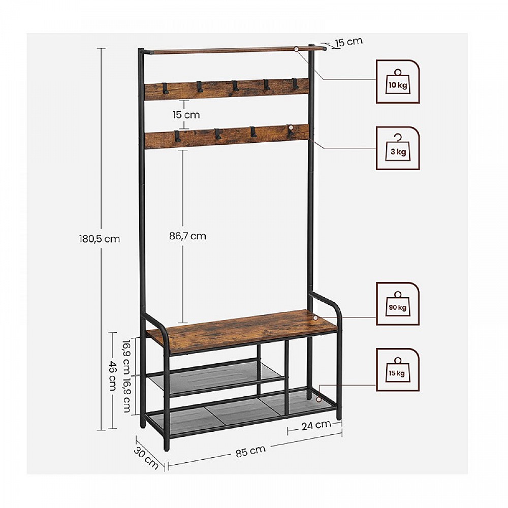 Μεταλλικό Έπιπλο Εισόδου με 3 Ράφια και 9 Κρεμάστρες 85 x 30 x 180.5 cm VASAGLE HSR409B01