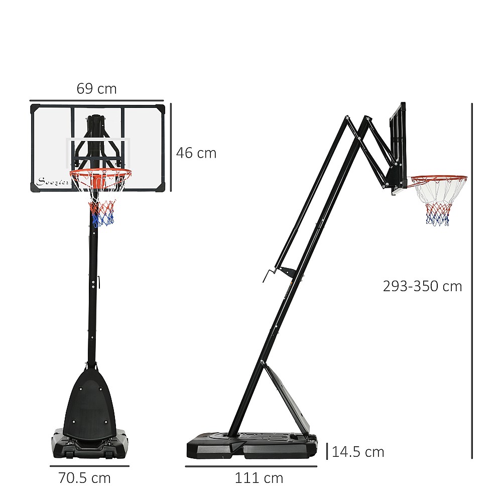 SPORTNOW Ατσάλινο στεφάνι μπάσκετ, ρυθμιζόμενο σε ύψος και φορητό με σανίδα και ρόδες, 107x70cm, μαύρο και κόκκινο