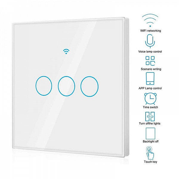 Χωνευτός Διακόπτης Τοίχου Wi-Fi Smart Switch για Έλεγχο Φωτισμού με Τρία Πλήκτρα Αφής Rovo FN3C