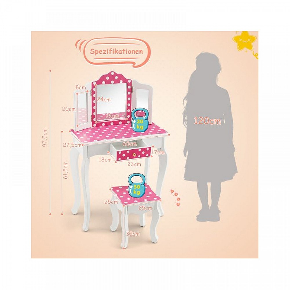 Παιδικό Ξύλινο Μπουντουάρ με Καθρέπτη και Σκαμπό 60 x 27.5 x 97.5 cm Χρώματος Ρόζ Costway HY10068EU-PI