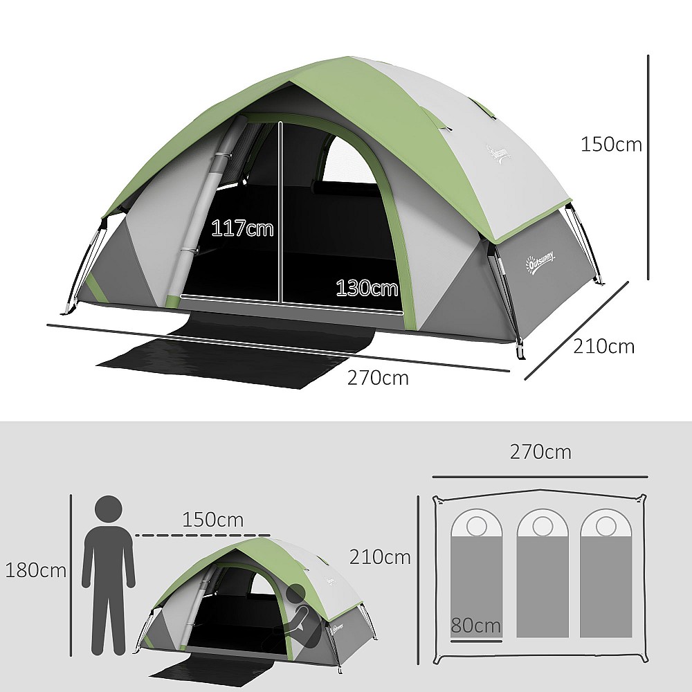 Σκηνή Camping 3 Ατόμων Outsunny με Διχτυωτό Παράθυρο, από πολυεστέρα, υαλοβάμβακα και PE, 110x210x150 cm, γκρι και πράσινο