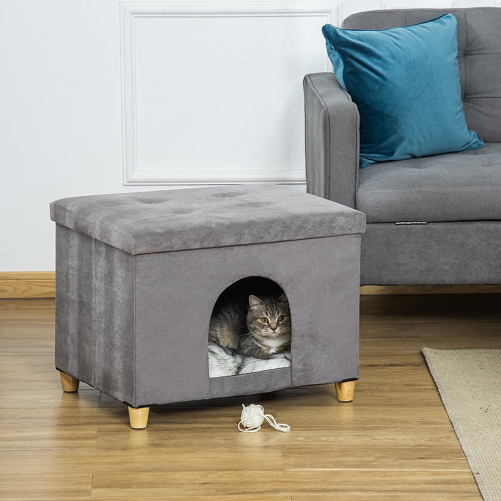 PawHut Cat House Pouf Σκαμπό ποδιών με επένδυση με αφαιρούμενο και πλενόμενο μαξιλάρι, γκρι