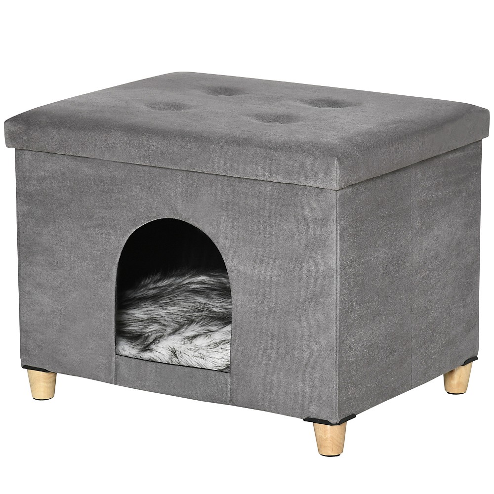 PawHut Cat House Pouf Σκαμπό ποδιών με επένδυση με αφαιρούμενο και πλενόμενο μαξιλάρι, γκρι