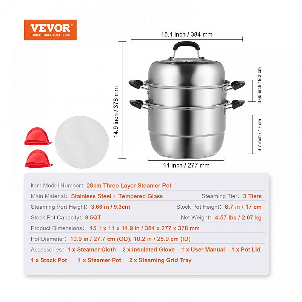 Ανοξείδωτη Κατσαρόλα Ατμού 3 Επιπέδων 28 cm VEVOR SCZG28CM0000NDJSGV0