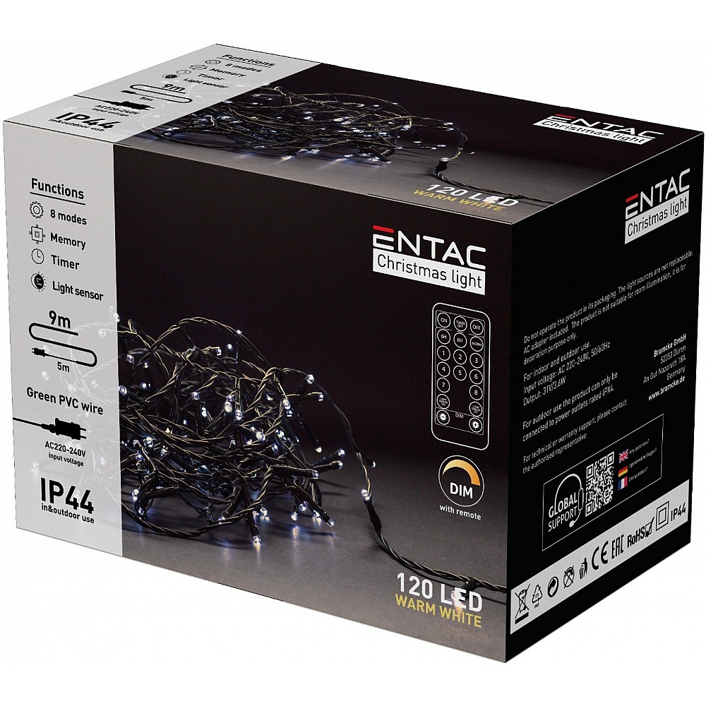 Entac Χριστουγεννιάτικα Λαμπάκια IP44 120 LED  Θερμό 9m με Τηλεχειριστήριο