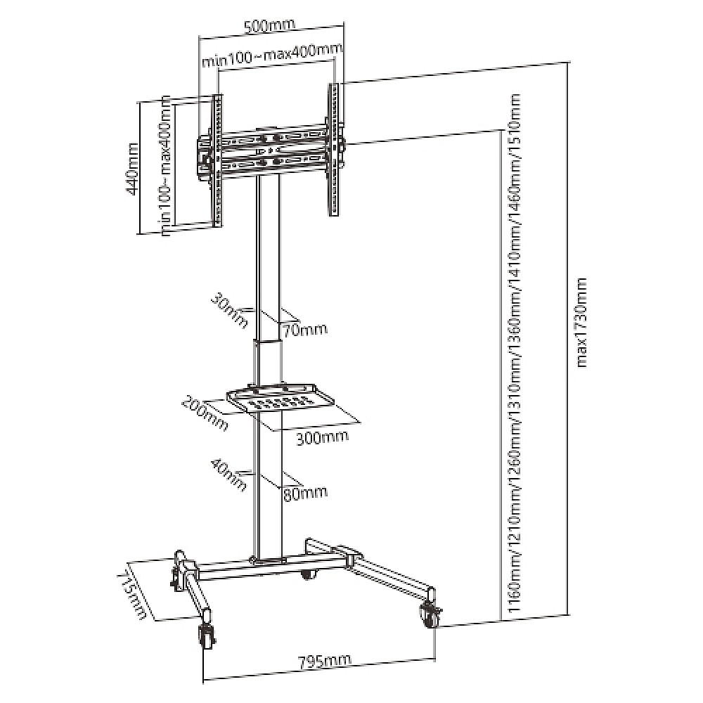 BRATECK FS22H-44TW, Επιδαπέδια Τροχήλατη Βάση για Τηλεοράσεις 32"-55", εως 35kg