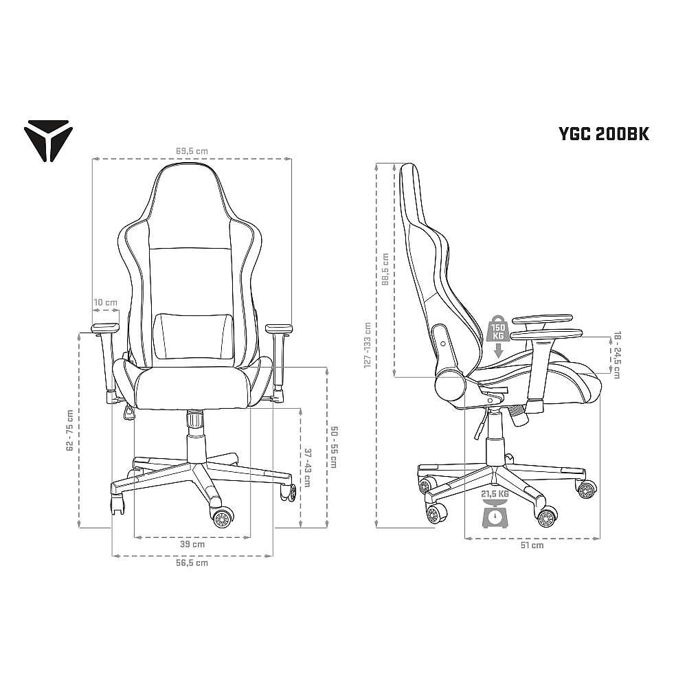 YENKEE YGC 200BK FORSAGE Gaming Kαρέκλα Γραφείου με Δερματίνη και Ρυθμιζόμενα Μπράτσα, Μαύρη