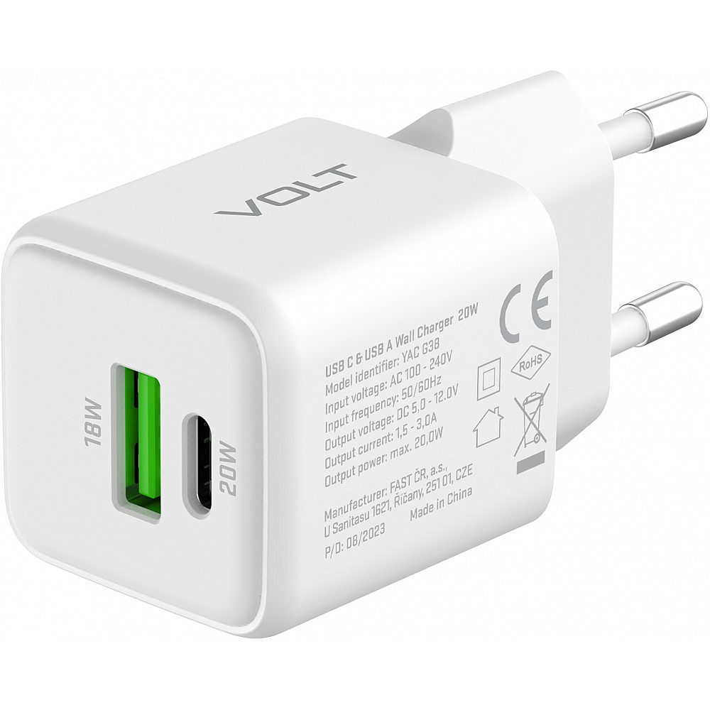 YENKEE YAC G38 VOLT Φορτιστής Dual USB-C/USB-A, 20W/18W Τεχνολογίας GaN με QC 4.0+, PD 3.0, AFC, FCP, Λευκός