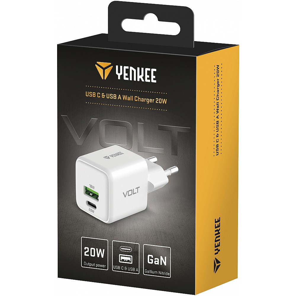 YENKEE YAC G38 VOLT Φορτιστής Dual USB-C/USB-A, 20W/18W Τεχνολογίας GaN με QC 4.0+, PD 3.0, AFC, FCP, Λευκός