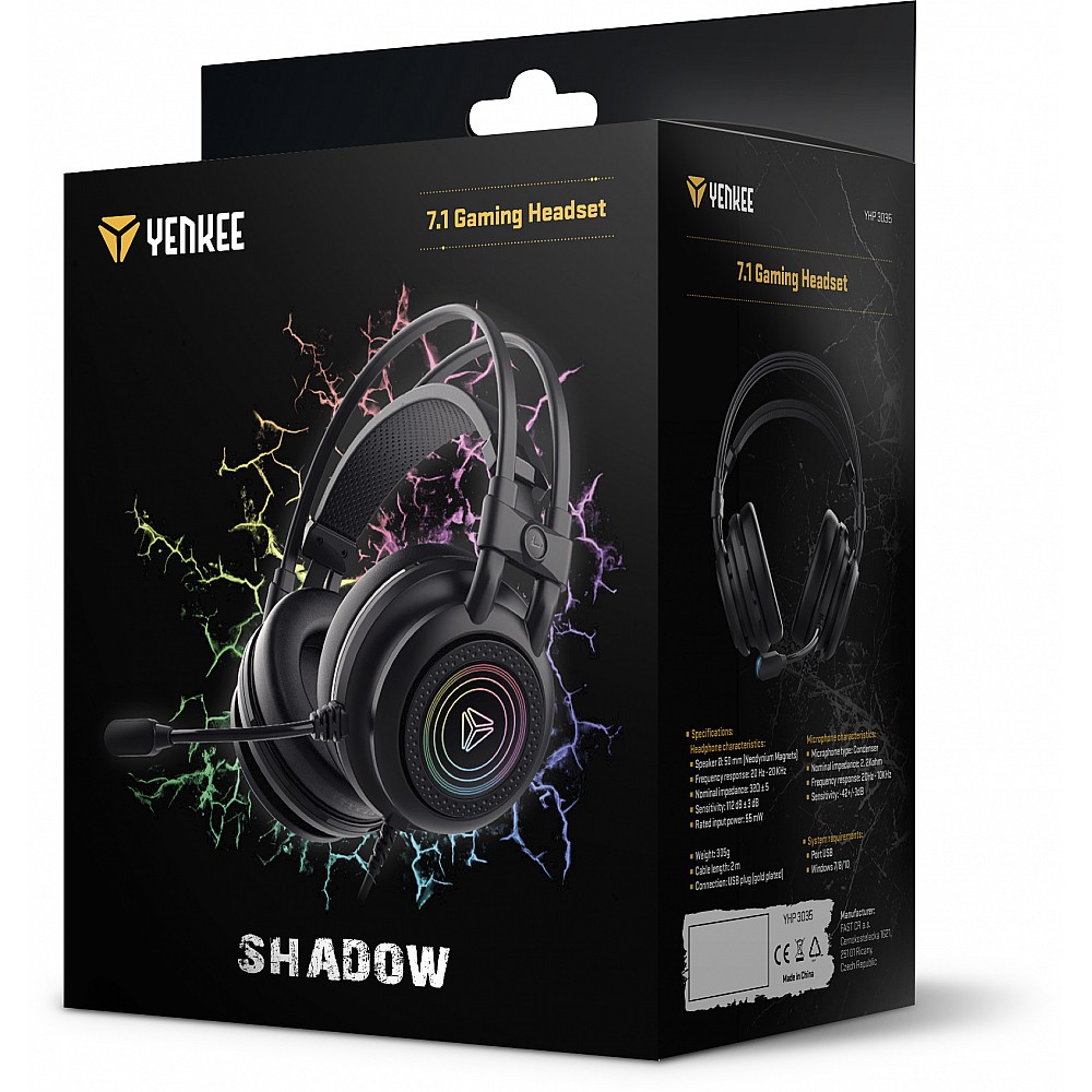 YENKEE YHP 3035 SHADOW Over Ear Gaming Ακουστικά 7.1 με σύνδεση USB και RGB φωτισμό, Μαύρα