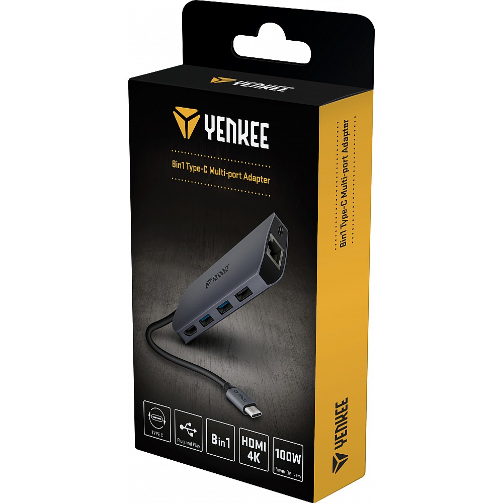 YENKEE YTC 081, 8 σε 1 Multi-port HUB (HDMI/USB/RJ45/mSD/Type-C) με σύνδεση Type-C, Γκρι