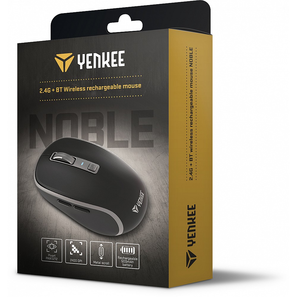 YENKEE YMS 2085BK NOBLE 2.4G + BT Aσύρματο Eπαναφορτιζόμενο Ποντίκι, Μαύρο