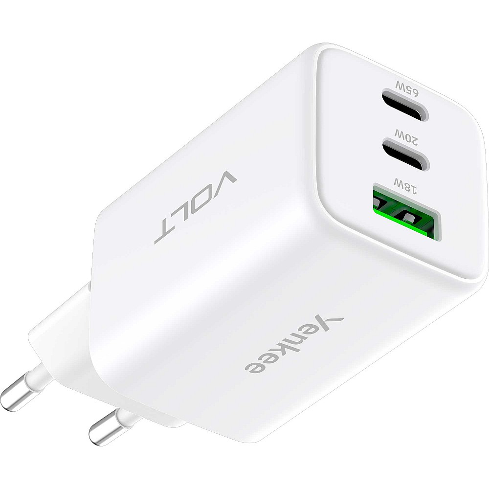 YENKEE YAC G65 VOLT Φορτιστής  με 3 Θύρες Φόρτισης, 1 USB και 2 Type C, 65W Τεχνολογίας GaN, Λευκός