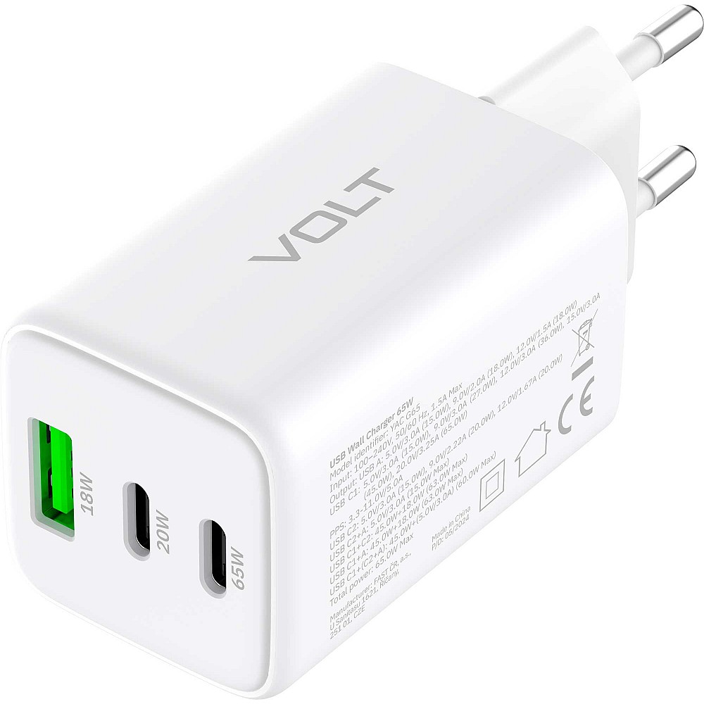 YENKEE YAC G65 VOLT Φορτιστής  με 3 Θύρες Φόρτισης, 1 USB και 2 Type C, 65W Τεχνολογίας GaN, Λευκός