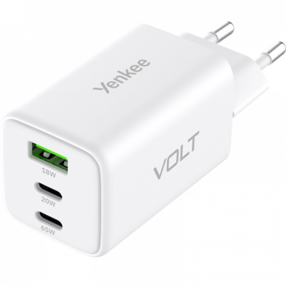 YENKEE YAC G65 VOLT Φορτιστής  με 3 Θύρες Φόρτισης, 1 USB και 2 Type C, 65W Τεχνολογίας GaN, Λευκός