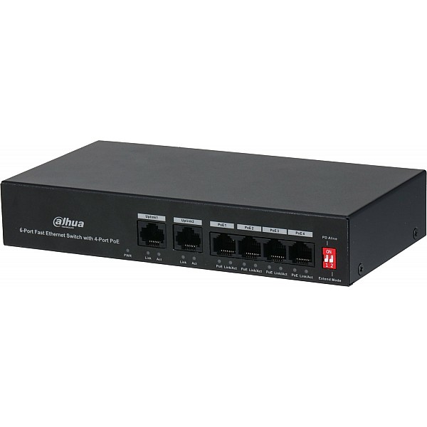 DAHUA - PFS3006-4ET-36 PoE Switch με 4 θύρες στα 100Mbps και 2 θύρες uplink στα 100Mbps για σύνδεση σε modem-router ή άλλο switch