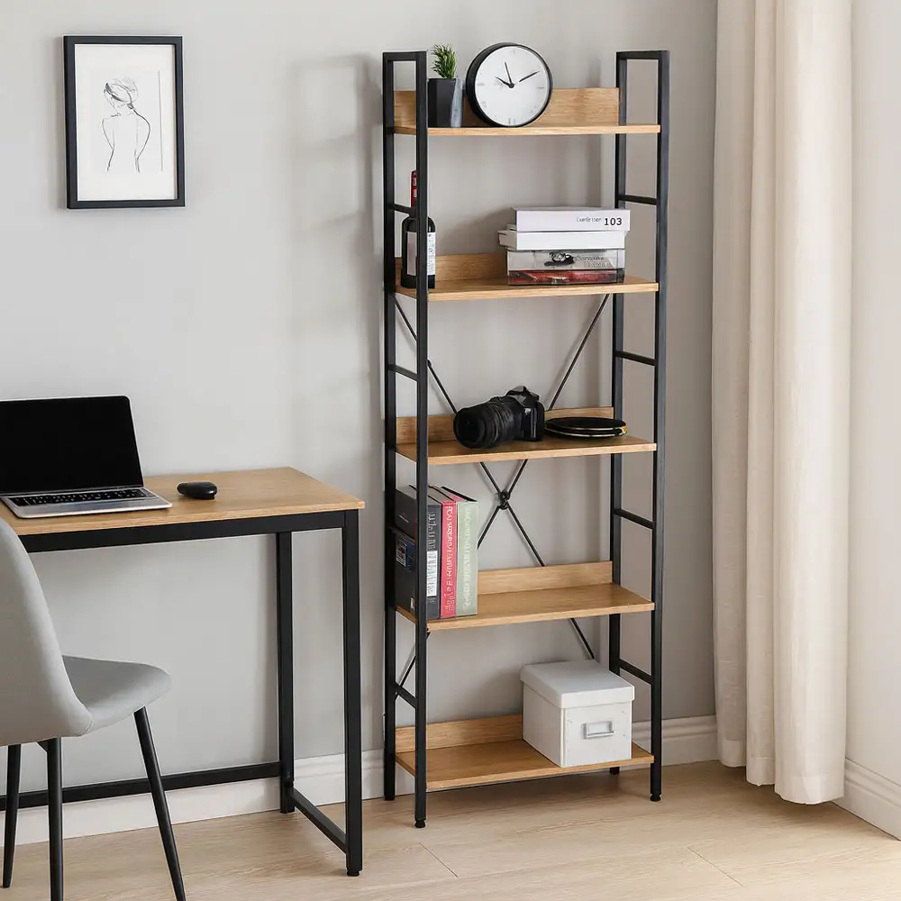 ΒΙΒΛΙΟΘΗΚΗ ΜΕ 5 ΞΥΛΙΝΑ ΡΑΦΙΑ ΚΑΙ ΜΑΥΡΟ ΜΕΤΑΛΛΙΚΟ ΣΚΕΛΕΤΟ 60x24x144εκ.  - Ankor 844135