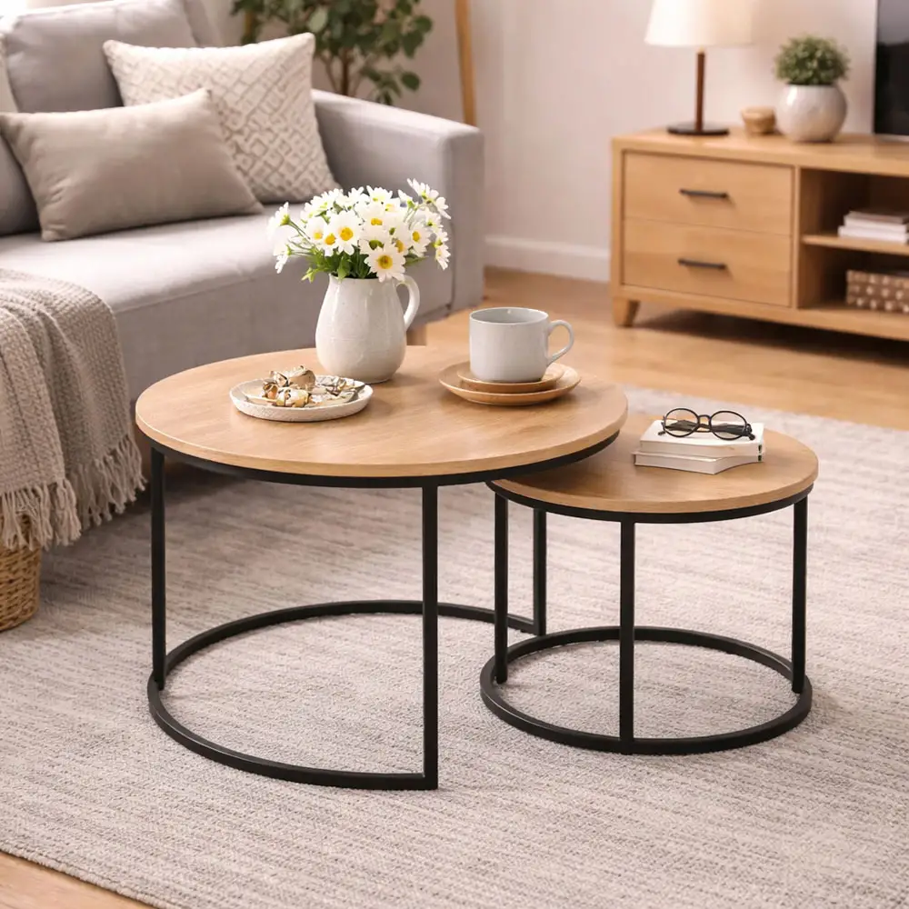 ΣΕΤ 2 ΤΡΑΠΕΖΑΚΙΑ MDF ΜΕ ΜΕΛΑΜΙΝΗ ΣΕ ΦΥΣΙΚΗ ΑΠΟΧΡΩΣΗ ΞΥΛΟΥ KAI ΜΑΥΡΟ ΜΕΤΑΛΛΙΚΟ ΣΚΕΛΕΤΟ  - Ankor 852864