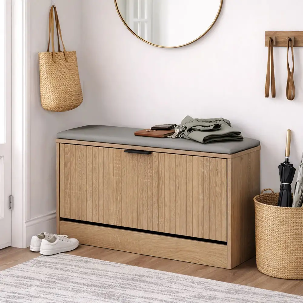 ΠΑΠΟΥΤΣΟΘΗΚΗ ΣΚΑΜΠΟ MDF ΜΕ ΜΕΛΑΜΙΝΗ ΣΕ ΧΡΩΜΑ ΦΥΣΙΚΟΥ ΞΥΛΟΥ ΜΕ ΑΝΑΓΛΥΦΕΣ ΓΡΑΜΜΕΣ 80x24x50εκ.  - Ankor 852963