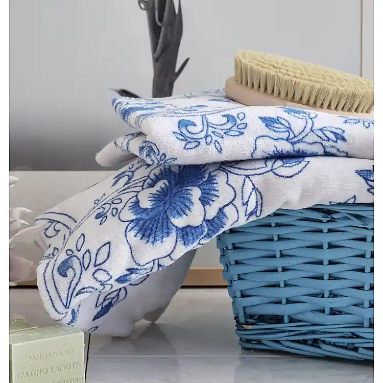 Πετσέτα Τυπωμένη Βελούρ Dahlia - Blue, Προσώπου 50x90