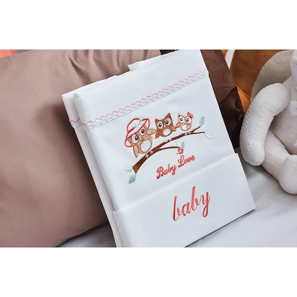 Σεντόνια Σετ Λευκό με Κέντημα Owl Apricot - (2x 120x160 + 1 μαξ. 30x40)