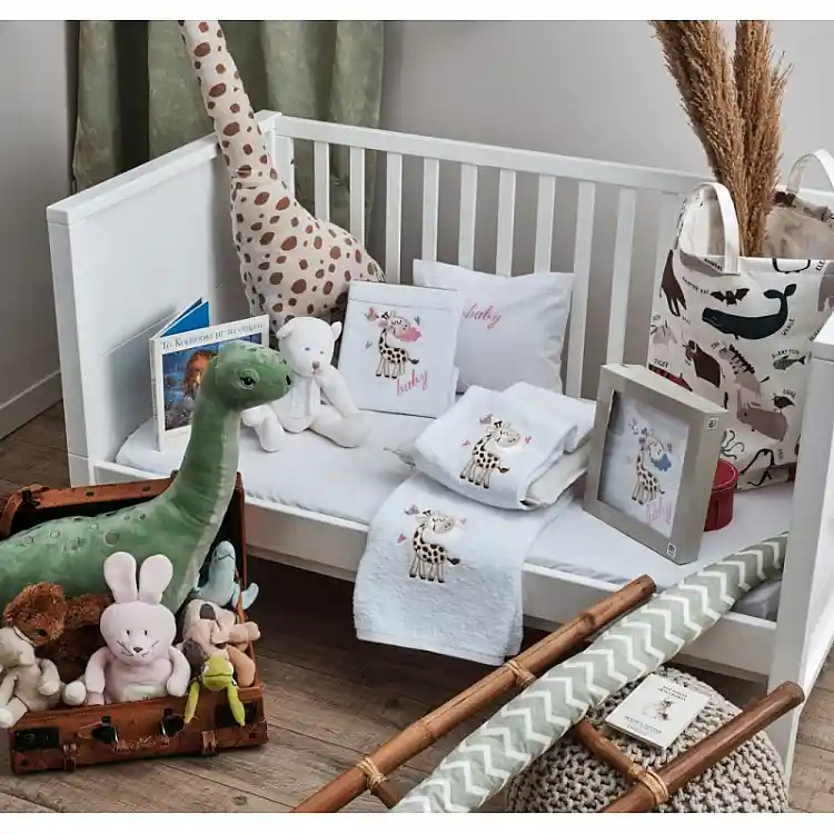Σεντόνια Σετ “Baby” Λευκό Κέντημα Giraffe Pink
