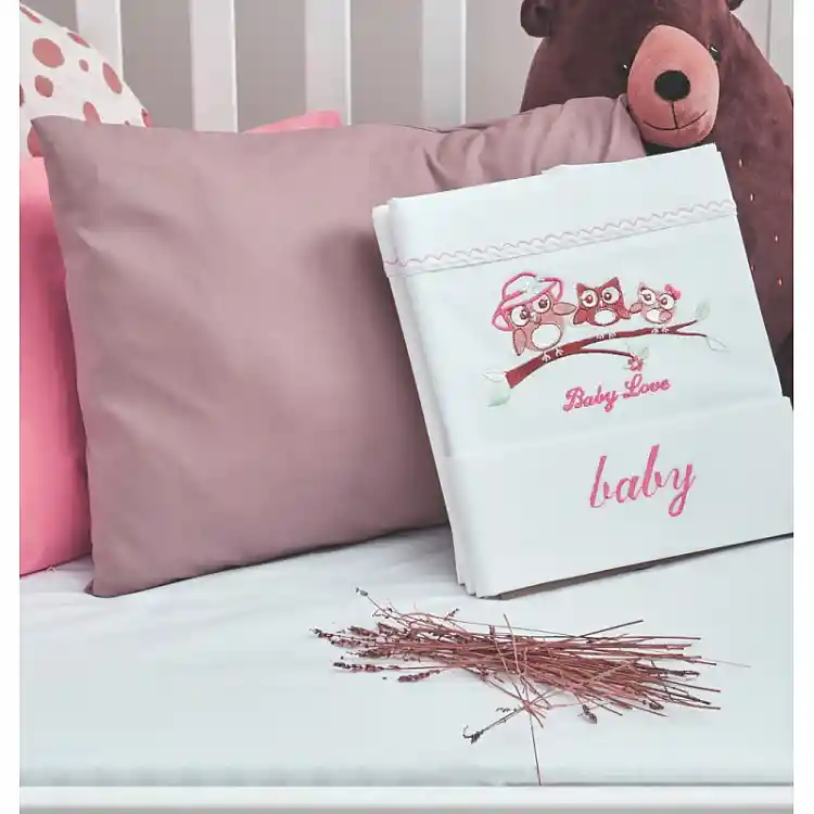 Σεντόνια Σετ “Baby” Λευκό Κέντημα Owl Pink