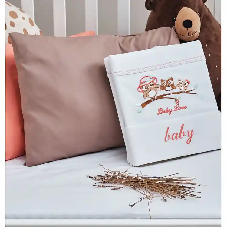 Σεντόνια Σετ “Baby” Λευκό Κέντημα Owl Apricot