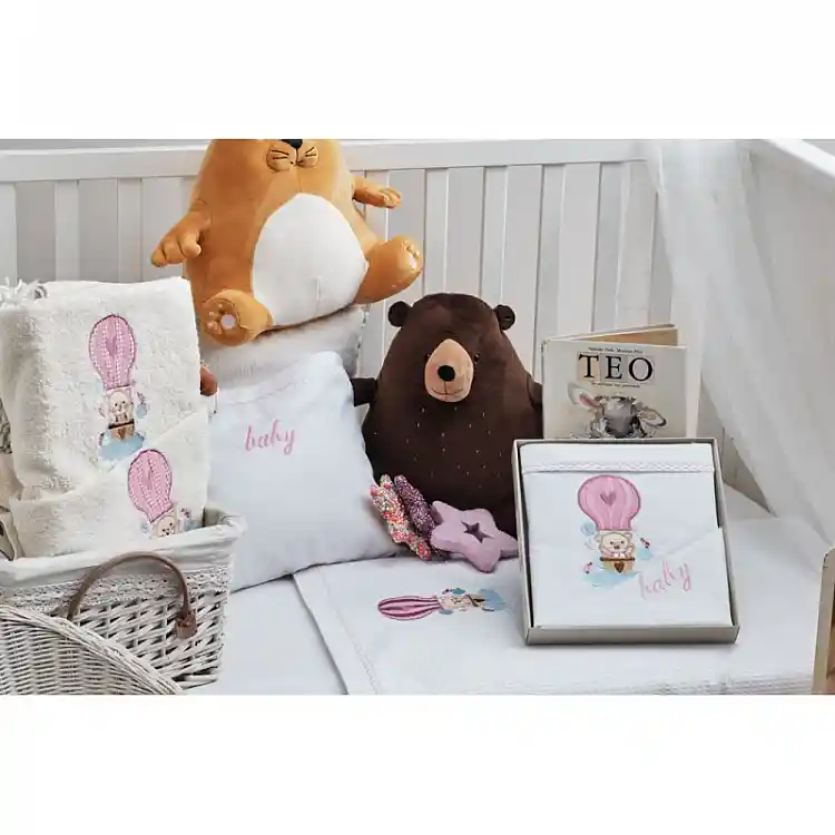 Κουβέρτα “Baby” Πικέ Κέντημα Ballon Pink