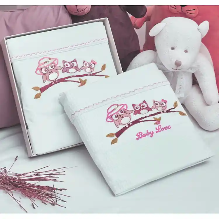Κουβέρτα “Baby” Πικέ Κέντημα Owl Pink
