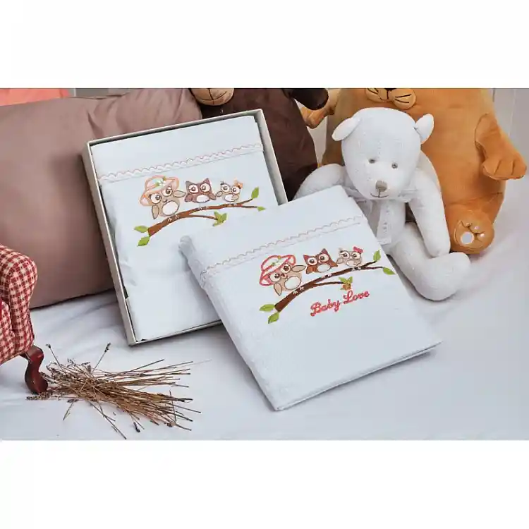 Κουβέρτα “Baby” Πικέ Κέντημα Owl Apricot