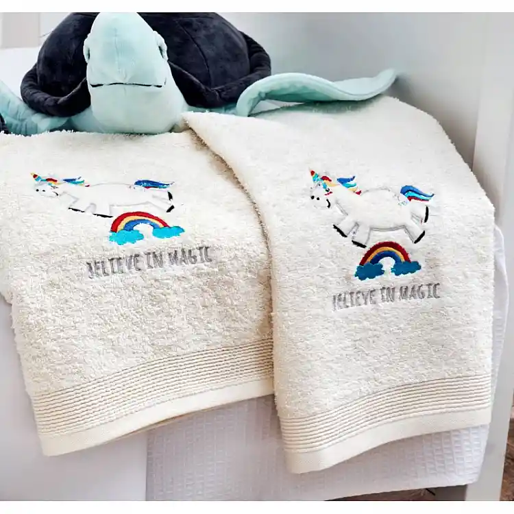 Πετσέτες Σετ “Kids With Love” Λευκές Κέντημα Unicorn Blue