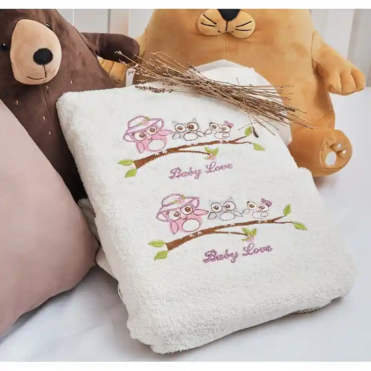 Πετσέτες Σετ “Kids With Love” Λευκές Κέντημα Owl Pink