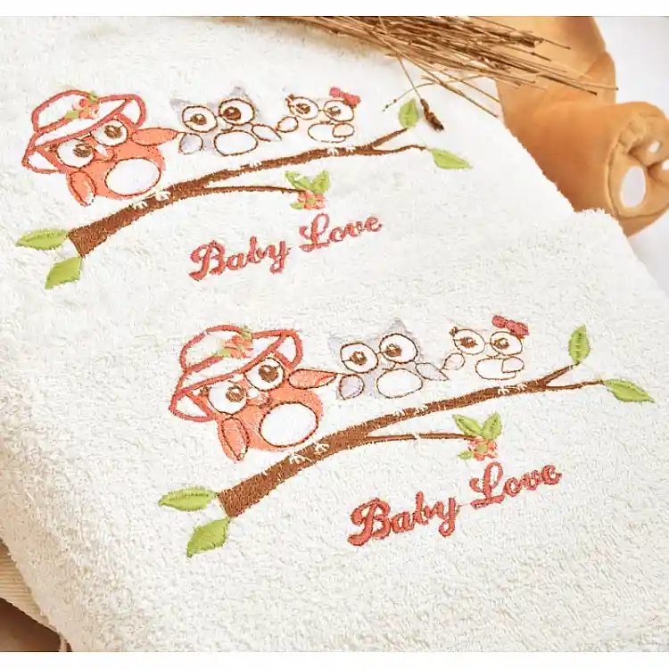 Πετσέτες Σετ “Kids With Love” Λευκές Κέντημα Owl Apricot