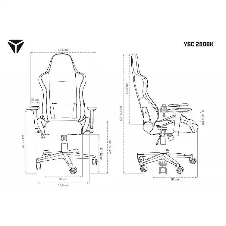 YENKEE YGC 200BK FORSAGE Gaming Kαρέκλα Γραφείου με Δερματίνη και Ρυθμιζόμενα Μπράτσα, Μαύρη