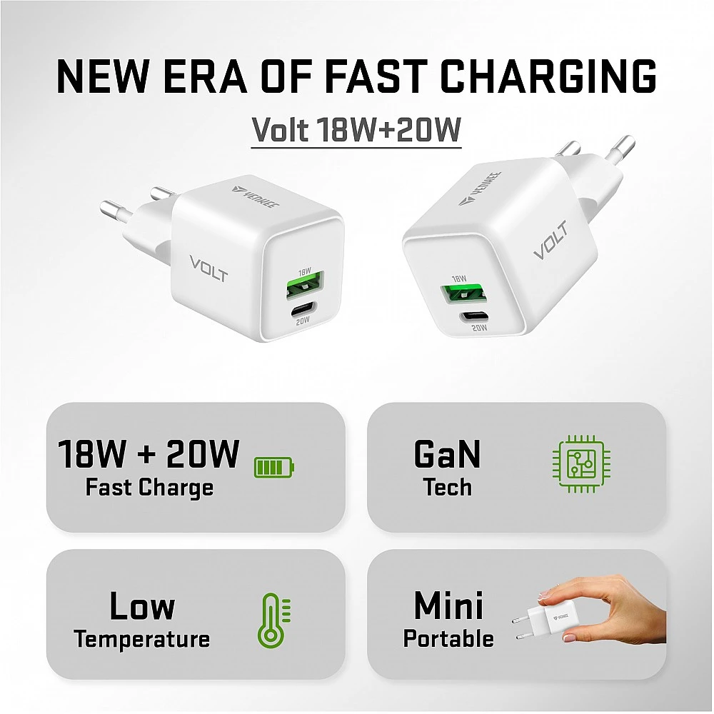YENKEE YAC G38 VOLT Φορτιστής Dual USB-C/USB-A, 20W/18W Τεχνολογίας GaN με QC 4.0+, PD 3.0, AFC, FCP, Λευκός