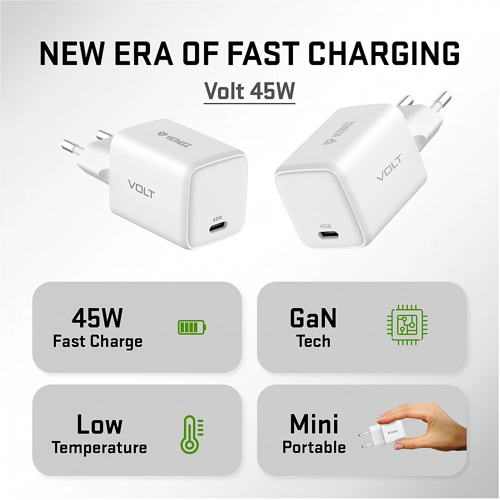 YENKEE YAC G45 VOLT Φορτιστής USB-C, 45W Τεχνολογίας GaN με QC 4.0+, PD 3.0, AFC, FCP, Λευκός