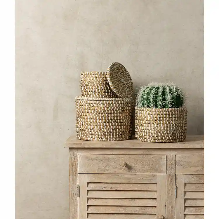 LIBERTA NILE BOX ΚΑΛΑΘΙ ΜΕ ΚΑΠΑΚΙ SET 3ΤΜΧ 35x35x25cm KANSGRASS ΦΥΣΙΚΟ ΛΕΥΚΟ PVC