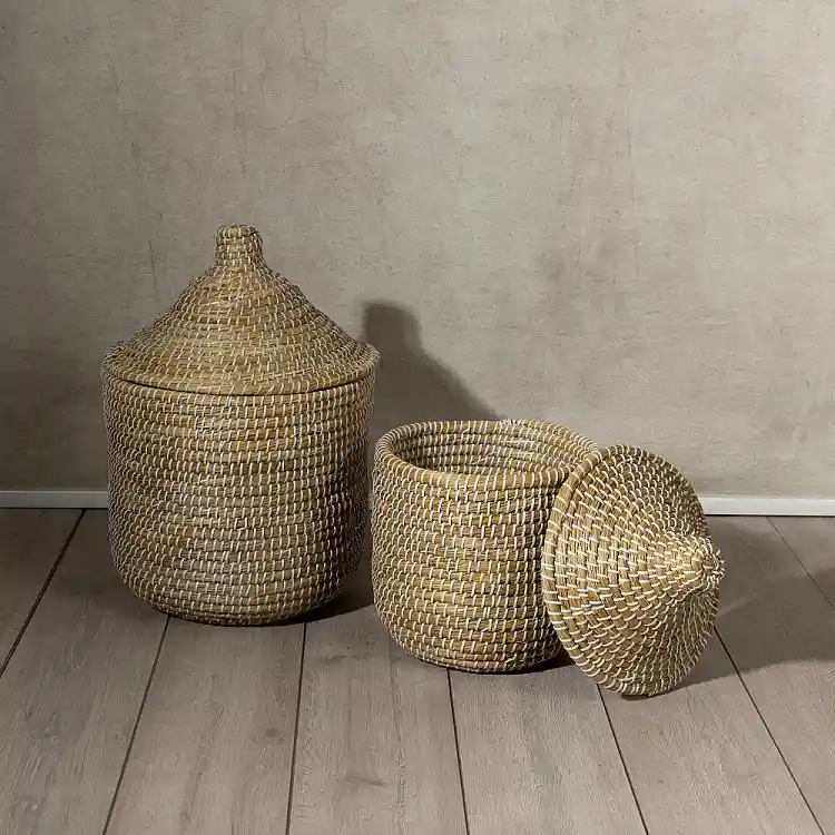 LIBERTA NILE ROUND ΚΑΛΑΘΙ ΜΕ ΚΑΠΑΚΙ SET 2ΤΜΧ 37x37x38cm KANSGRASS ΦΥΣΙΚΟ ΛΕΥΚΟ PVC